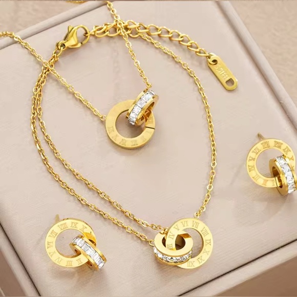 NIB 4 Pc Set Gold Plated Bold Roman Numeral Stainless Steel & Zircon Jewelry Set - Picture 1 of 16